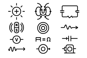 Poster - Minimalist physics icons set featuring magnetism, voltage, and circuit symbols