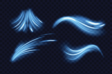 Wall Mural - blue wind waves effect. abstract light motion trails with sparkles isolated on black background. fre