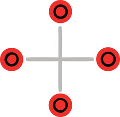Fototapete - A simple graphic design featuring a gray cross with red circles containing black rings at each end isolated on a white background