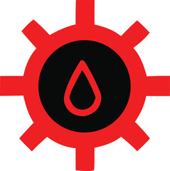 Poster - Stylized red gear symbol with a black center containing a red droplet representing industry and liquid resources