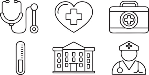 Fototapete - Healthcare And Medical Services Icon Collection, Stethoscope, Hospital Building, Doctor Profile, Thermometer, Heart Care, Clean Editable Vector Style