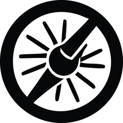 Poster - Stylized black and white icon depicting a prohibition symbol overlaying a sun with rays and a central circular element
