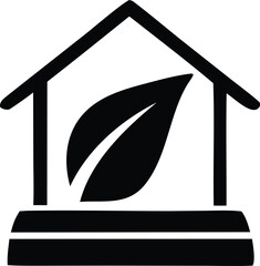 Poster - Simple black silhouette of a house containing a single green leaf symbolizing eco friendly living and sustainable housing solutions
