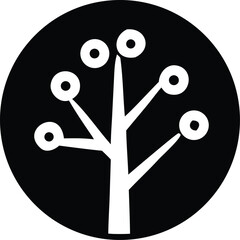 Poster - Stylized white tree with circular fruits or buds on branches set against a solid black circular background a simple graphic