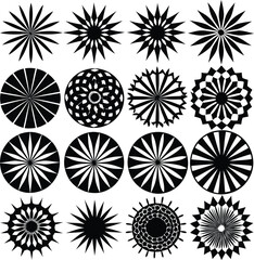 Poster - A collection of twelve diverse black and white geometric starburst and radial patterns arranged in a grid format on a white background