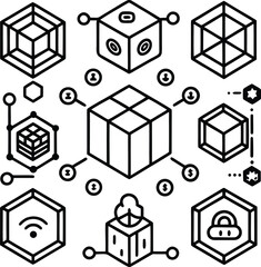 Poster - Abstract geometric shapes and icons representing data security and connectivity in a network system