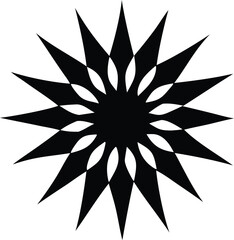 Poster - Intricate black geometric starburst pattern with sharp points and curved petal like negative spaces radiating outwards from a central dark circle