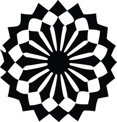 Poster - Intricate black and white geometric mandala pattern with radiating lines and checkered segments creating a striking optical illusion