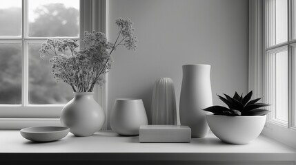 Poster - Elegant arrangement of white vases and greenery on a windowsill in natural light