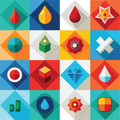 Fototapete - A vibrant geometric mosaic showcases a collection of flat design icons with subtle shadows on a textured background