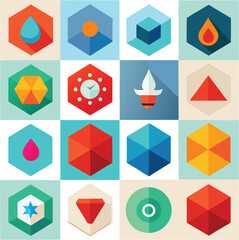 Fototapete - Collection of sixteen flat geometric icons featuring abstract shapes and symbols in a vibrant colorful and modern hexagonal grid layout