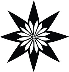 Fototapete - A striking black eight pointed starburst design featuring a delicate white floral pattern at its core creating a bold contrast