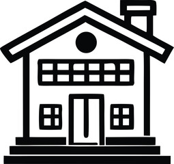 Poster - A simple black and white line drawing of a two story house with a chimney and multiple windows