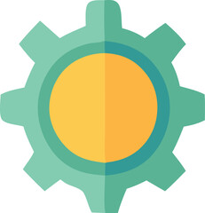 Poster - Stylized geometric gear illustration with teal and yellow color palette representing industry mechanics and innovation in a clean design