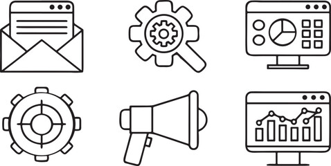 Fototapete - Digital Marketing Tools Vector Icon Set, Email Campaign, SEO Gear, Analytics Dashboard, Content Funnel, Social Media Ads, Flat Editable Business Design
