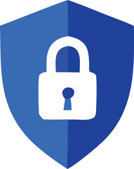 Poster - A white padlock icon is centrally placed on a blue shield emblem representing security and protection against digital threats