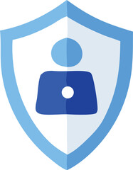 Poster - Stylized blue shield icon with a simplified person silhouette inside representing personal data security and protection