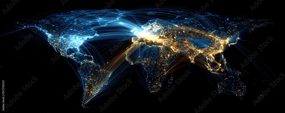 World map illuminated with city lights and connecting lines on a black ...