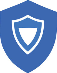 Poster - A bold blue shield emblem with a white outline and a central white v shape symbolizing protection and security