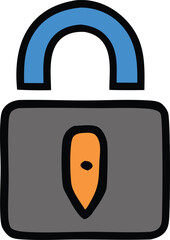 Poster - A simple hand drawn illustration of a gray padlock with a blue shackle and an orange keyhole symbolizing security and protection