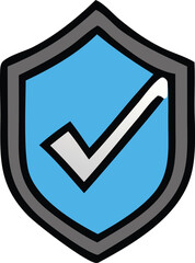 Poster - A stylized shield emblem featuring a prominent blue color and a white checkmark symbol indicating approval or security