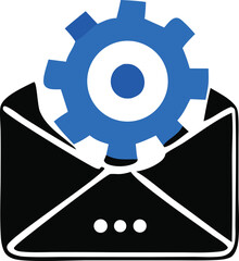 Poster - Abstract graphic of a blue gear emerging from an open black envelope with three white dots on its flap