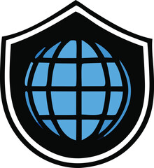 Poster - A stylized blue globe with intersecting black lines is enclosed within a black shield with white borders symbolizing global security and protection