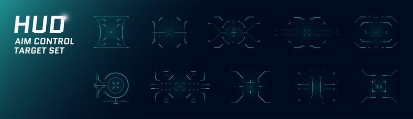 Poster - Futuristic blue HUD interface with glowing crosshair target. Circular scope design mimics sniper viewfinder. Neon tech style perfect for sci fi games or military themed screens. Vector graphic.