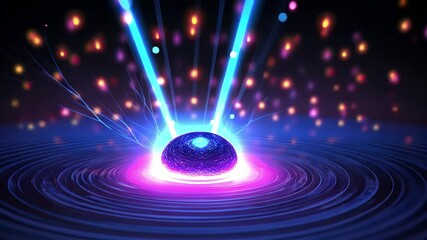 Poster - Colorful energy patterns radiate from a central orb in a dynamic, abstract visual display featuring flowing lights and waves