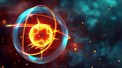 Poster - Dynamic visualization of an atom with glowing particles and energy waves in a vibrant background