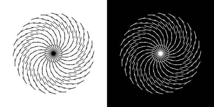 Abstract background with line pattern forming circle. Spiral art design as logo or icon. Black lines on white background and same white lines on black side. Mandala with line pattern.