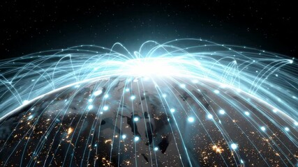 Poster - Global Connectivity Illustrated Through Glowing Network Lines at Night Generative AI