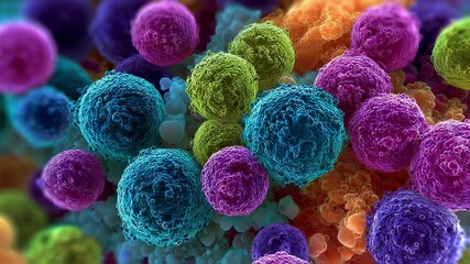 Poster - Vivid depiction of diverse, colorful cellular structures under a microscope, showcasing the complex and intricate patterns of biological forms in a vibrant, abstract arrangement