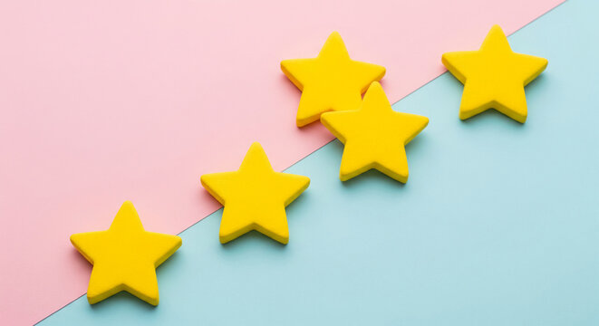 Five yellow stars on pink and blue background, arranged diagonally. Represents rating, review, feedback, or achievement.  Free space for text