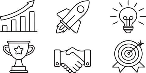 Fototapete - Business Growth Strategy And Success Icon Set, Rocket Launch, Target Arrow, Trophy, Upward Graph, Handshake, Idea Bulb, Editable Flat Corporate Design