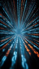 Poster - Step into an immersive visualization of cyberspace where glowing blue binary digits cascade through a digital tunnel highlighting the intricate pathways of information flow and technological