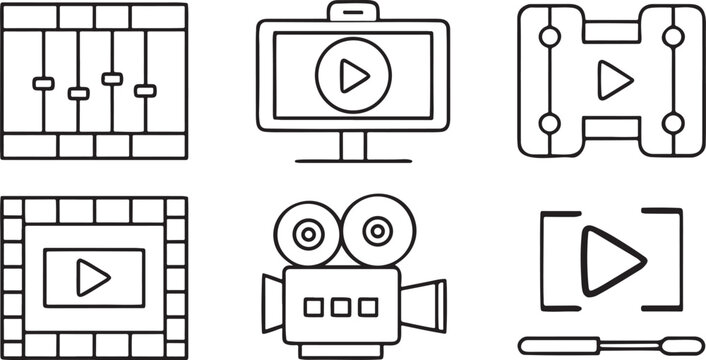 Video Editing And Content Creation Icon Set, Editing Timeline, Playhead, Video Clip, Export Button, Camera View, Software Interface, Flat Digital Creator Theme