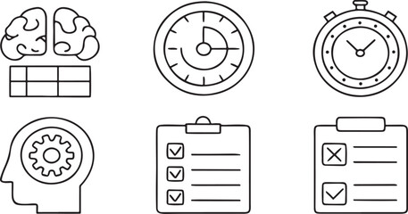 Fototapete - Focus And Productivity Tools Icon Set, Brain Concentration, Task Checklist, Goal Tracker, No Distraction, Deep Work, Editable Personal Growth Icons