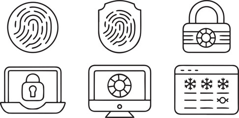 Fototapete - Password And Identity Protection Icon Set, Fingerprint Scan, Face ID, Padlock Lock, Password Field, Security Verification, Editable Digital Style