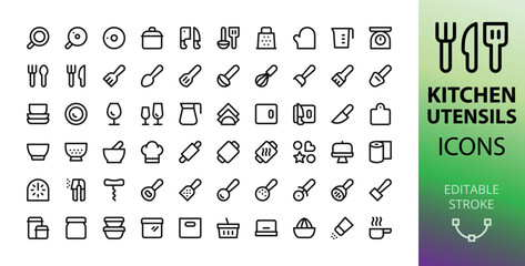 Poster - Kitchen utensils icons set. Set of cooking equipment, cutlery, kitchen tools collection vector icons with editable stroke