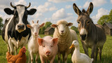 Farm animals together in field Farm animals together in field