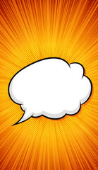 Poster - Orange comic book background with radial lines and halftone dots featuring a large blank speech bubble, ideal for text or logo placement, conveying energy and dynamism