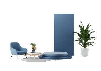 Poster - A modern blue interior scene with a chair, table, plant, and display platform isolated on transparent background