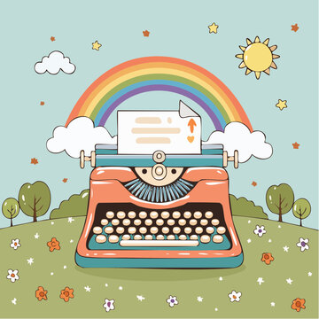 Groovy typewriter with rainbow. 70s, 80s, 90s vibes funky sticker. Retro writer equipment illustration. Vintage nostalgia element for card, poster design and ...