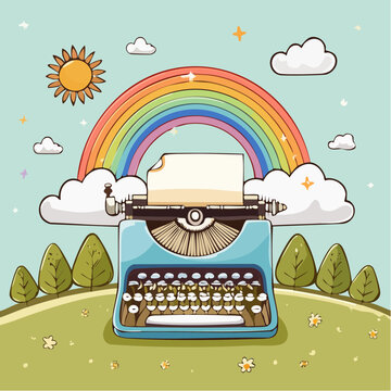 Groovy typewriter with rainbow. 70s, 80s, 90s vibes funky sticker. Retro writer equipment illustration. Vintage nostalgia element for card, poster design and ...