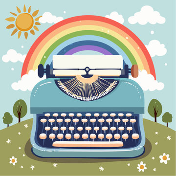 Groovy typewriter with rainbow. 70s, 80s, 90s vibes funky sticker. Retro writer equipment illustration. Vintage nostalgia element for card, poster design and ...