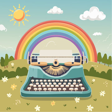 Groovy typewriter with rainbow. 70s, 80s, 90s vibes funky sticker. Retro writer equipment illustration. Vintage nostalgia element for card, poster design and ...