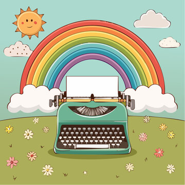 Groovy typewriter with rainbow. 70s, 80s, 90s vibes funky sticker. Retro writer equipment illustration. Vintage nostalgia element for card, poster design and ...