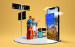 © master1305 - Family at the airport interacts with a giant phone showing a scenic destination. Concept of online travel platforms and services, digital tourism and booking apps. 3D island composition