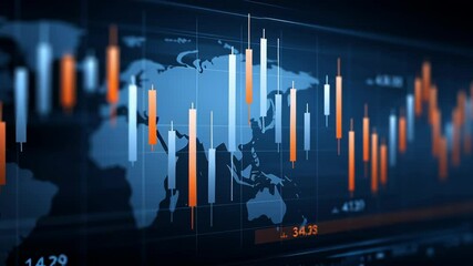 Poster - Global market tariff trade war. Digital stock market chart with candlestick bar graph overlay world map background showing financial data and global trading trends blue and orange